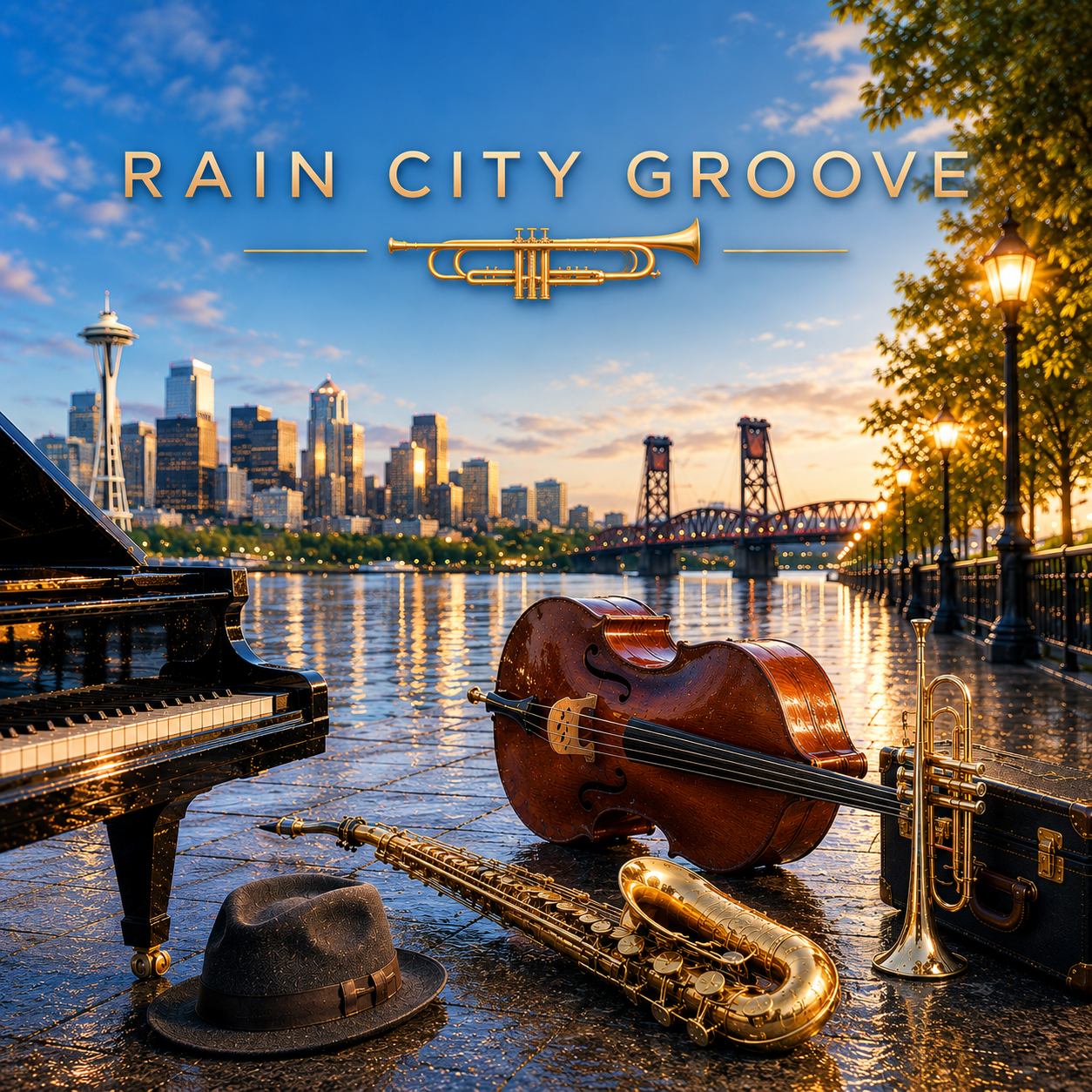 Rain City Groove overlooking a golden Portland sunset